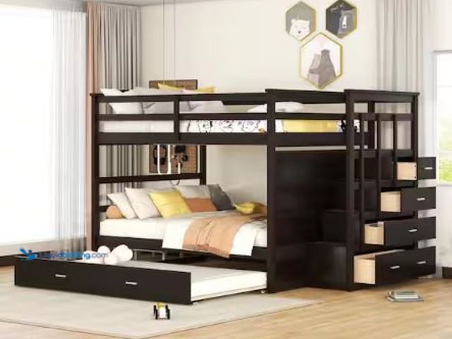 Lot 49-1593912 - Harper & Bright Espresso Full over Full Wood Bunk Bed with Twin Size Trundle, 4 Drawers and Staircas...