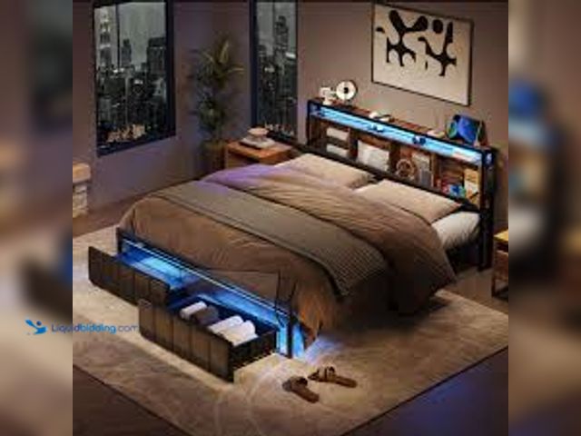 Lot 49-5483832 - Bestier Brown Metal Frame Queen Size Platform Bed with Charge Station and Storage Headboard and Draw...