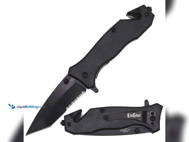 Lot 49-3435372 - ElitEdge Tactical Spring Assisted Folding Knife 8.25" Black with Partially Serrated Tanto Blade - NE...