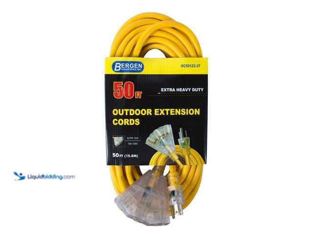 Lot 49-5413956 - Bergen Industries
50 ft. 12/3 SJTW 15 Amp/125-Volt Outdoor Triple Tap Extension Cord, Yellow UNUSED