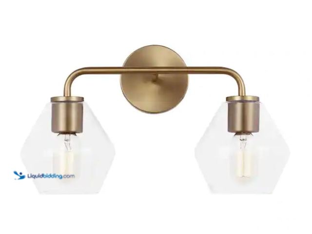 Lot 49-3614625 - Generation Lighting Jett 17 in. 2-Light Satin Brass Bathroom Vanity Light with Milk Glass Shades, Mo...