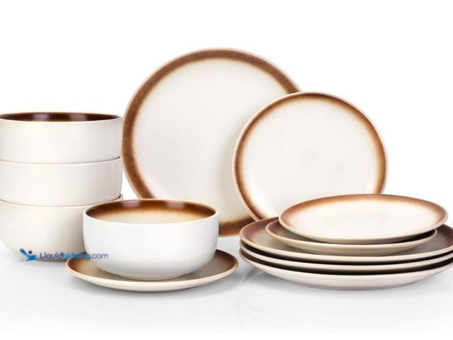 Lot 49-1519078 - Quatish Dinnerware Sets for 4, Stoneware Plates and Bowls Sets, 12 Pieces Ceramic Dish Sets, Premium...