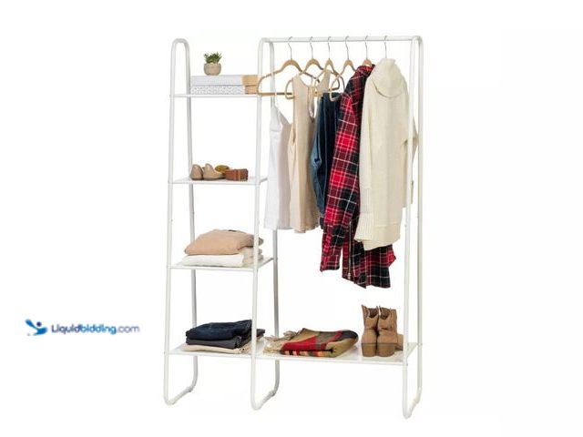 Lot 49-5552742 - IRIS Clothes Rack with 4 Metal Shelves, Freestanding for Hanging Clothes, Easy to Assemble. UPC: 762...