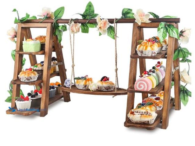 Lot 49-3432666 - Wooden 3 Tier Cupcake Stand with Swing and Flower Decoration Serving Removable Tray Display Serving ...
