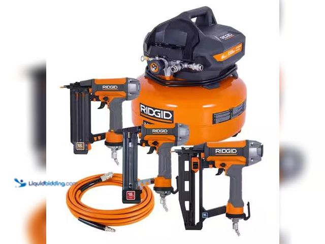 Lot 49-3470854 - RIDGID 6 Gal. 150 PSI Electric Air Compressor with 25 ft. Hose, 18GA Brad Nailer, 16GA Finish Nailer...
