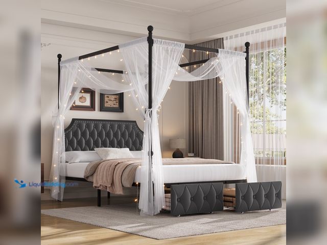 Lot 49-1632094 - Homfa Canopy Queen Bed Frame with Drawers & Upholstered Headboard, Curtain Not Included, Gray, Model...