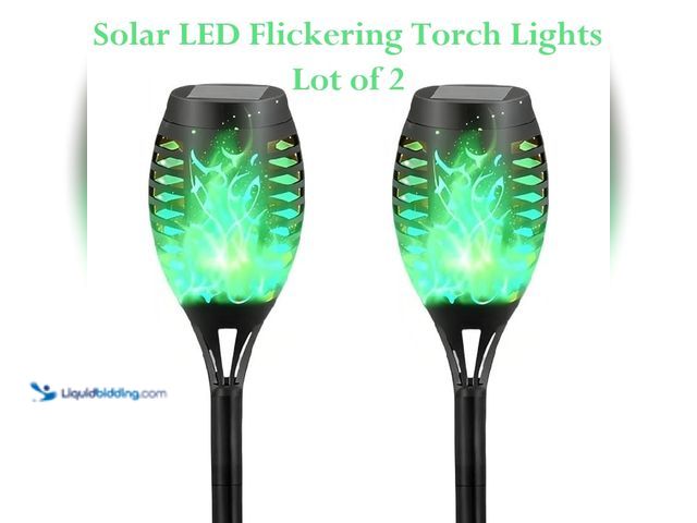 Lot 49-1616224 - Lot of 2 Solar Waterproof LED Flickering Flame Torch Lights - Green Light - NEW - Perfect for pathwa...
