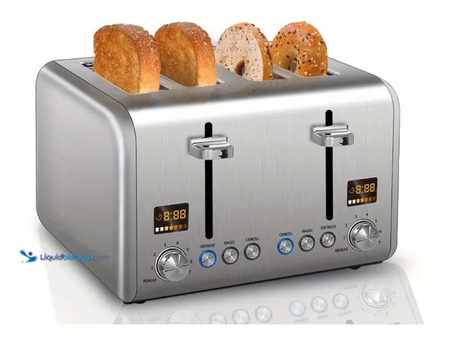 Lot 49-1816092 - 4 Slice Toaster. Wide slot, silver, crumb tray. New unused in factory sealed box.