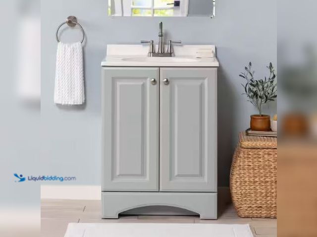 Lot 49-1569773 - Glacier Bay 25 in. Single Sink Pearl Gray Bath Vanity with White Cultured Marble Top (Assembled), Mo...