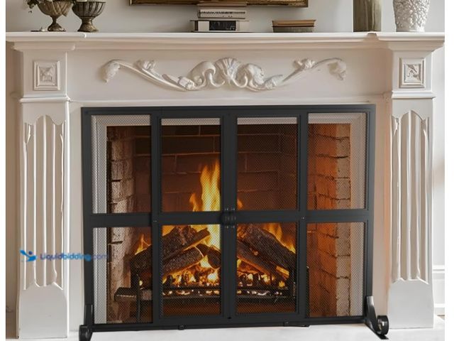 Lot 49-1566744 - Fireplace Screen with Sliding Doors, 35" W x 28" H Handcrafted Wrought Iron Fire Spark Guard Fire Pl...