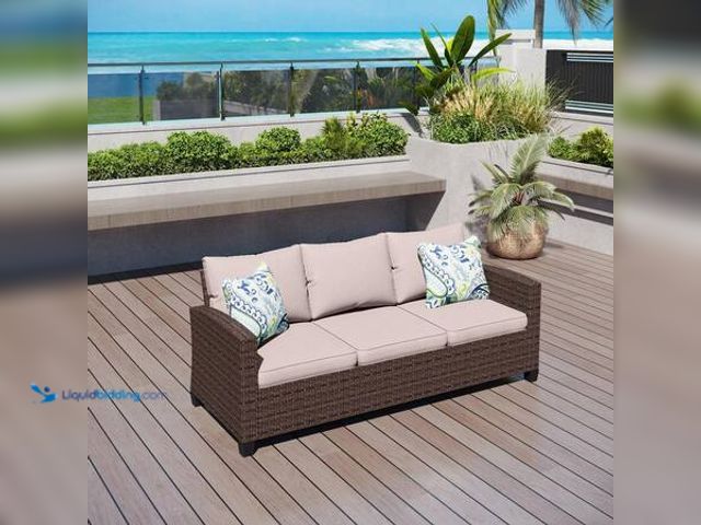 Lot 49-5548778 - Dark Brown Rattan Wicker Outdoor Patio 3 Seat Sofa Couch with Beige Cushions Model # DOCPV-063-BE UN...