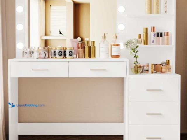 Lot 49-1553988 - Rovaurx 46.7" White Makeup Vanity Table with Lighted Mirror, Large Vanity Desk with Storage Shelf & ...