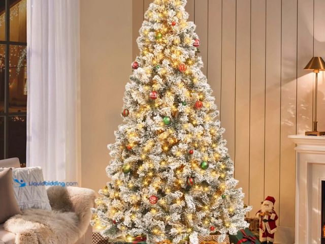 Lot 49-1546900 - Yexmas 7.5FT Pre-Lit Snow Flocked Christmas Tree, Artificial White Christmas Tree with Large Christm...