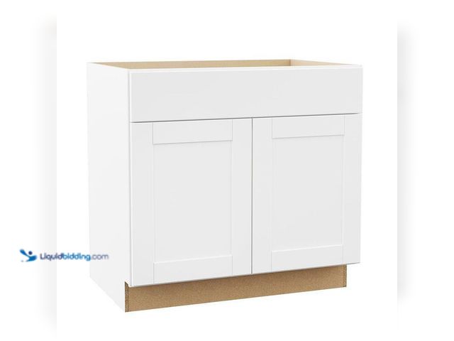 Lot 49-5509928 - Hampton Bay Shaker 36 in. W x 24 in. D x 34.5 in. H Assembled Base Kitchen Cabinet in Satin White. M...
