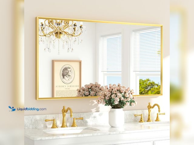 Lot 49-3532433 - TETOTE Brushed Gold Bathroom Mirror for Over Sink 55" x 30" Large Brass Gold Beveled Framed Rectangu...