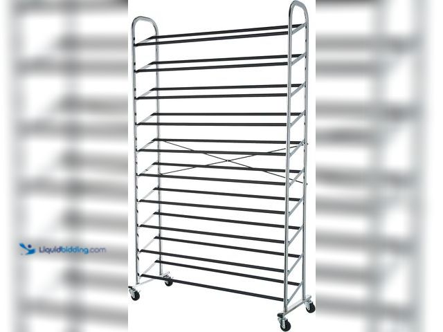 Lot 49-3514503 - Amazon Basics 50-Pair Shoe Rack Organizer, Chrome, 35.8 x 14.6 x 59.5 inches. [ASIN: B0735FB8VJ] Unu...