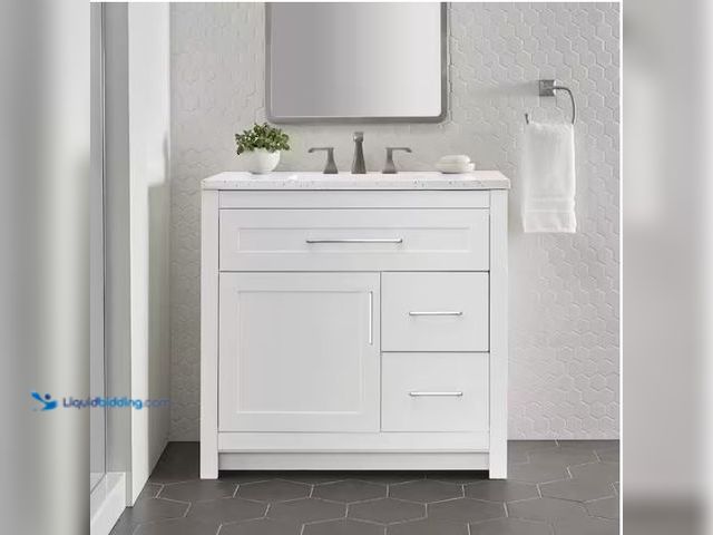 Lot 49-1577370 - Home Decorators Collection Clady 37 in. Single Sink White Bath Vanity with Silver Ash Cultured Marbl...