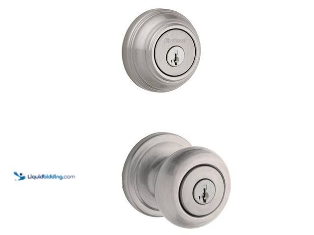 Lot 49-5452299 - Kwikset
Juno Satin Nickel Exterior Entry Door Knob and Double Cylinder Deadbolt Combo Pack Featurin...