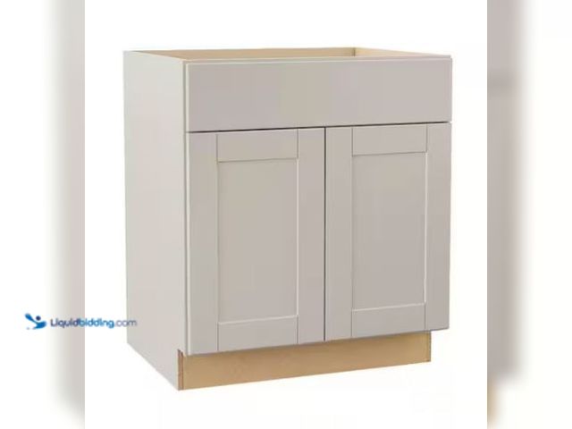 Lot 49-1569649 - Hampton Bay Shaker 30 in. W x 24 in. D x 34.5 in. H Assembled Base Cabinet in Dove Gray, Model # KB3...