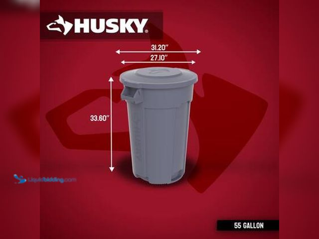 Lot 49-5554375 - Husky 55 gal. Grey Heavy Duty Commercial Outdoor Trash Can with Domed Lid. Model # 999-2555. Unused