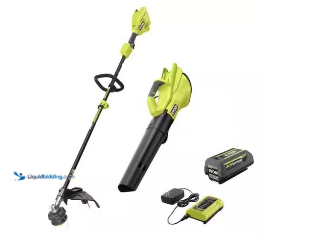 Lot 49-2020586 - RYOBI 40V Cordless Attachment Capable 15" String Trimmer & 550 CFM 120 MPH Blower Combo Kit with 4.0...