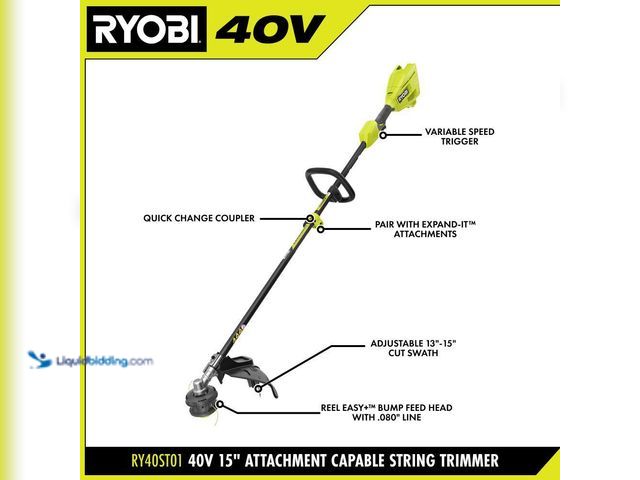 Lot 49-5552045 - RYOBI
40V Cordless Attachment Capable 15" String Trimmer . Model # RY40CK201K. Trimmer ONLY. Used. ...