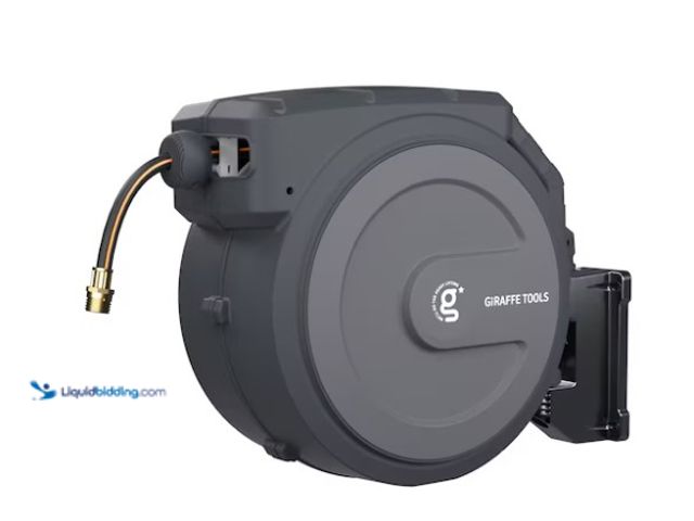 Lot 49-3565413 - Giraffe Tools Plastic 130-ft Wall-mount Hose Reel. Model #AW4012US-MB. Unused