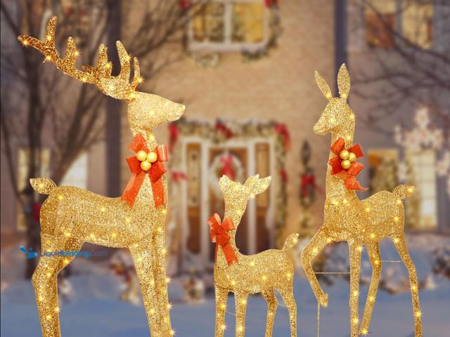 Lot 49-5418126 - Large Lighted Christmas Reindeer Decoration - 3-Piece 3D Outdoor Reindeer Decorations Yard, Gold Fam...
