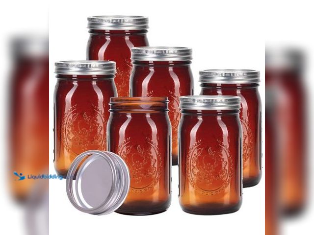 Lot 49-5436370 - Eleganttime Amber Glass Mason Jars 32 oz Wide Mouth 6 Pack,Amber Quart Canning Jars with Airtight Li...