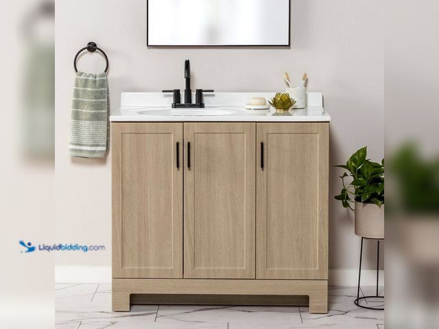 Lot 49-5449787 - Glacier Bay Oakley 37 in. Single Sink Beige Oak Bath Vanity with White Cultured Marble Top (Assemble...