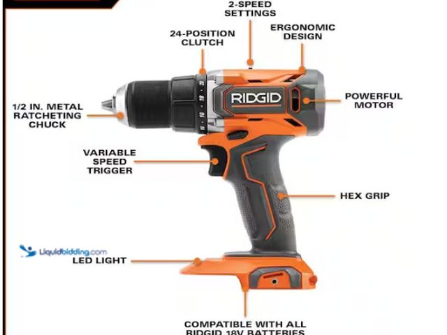 Lot 49-5574013 - RIDGID
18V Cordless 1/2 in. Drill/Driver . (TOOL ONLY) Store SKU # 1009453290. Used slightly