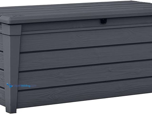 Lot 49-3462987 - Keter Brightwood 120 Gallon Resin Large Deck Box for Patio Garden, Outdoor Cushion Storage, Pool Acc...