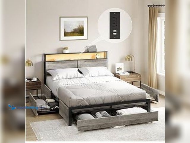 Lot 49-1540124 - Queen Bed Frame with Storage Headboard & 4 Drawers - Metal Platform, LED Lights, No Box Spring Neede...