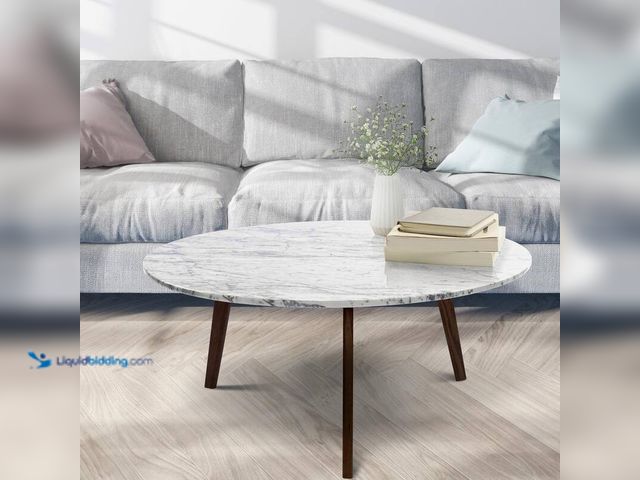 Lot 49-5406215 - Stella 32 in. White/Walnut Medium Round Marble Coffee Table with Walnut Legs, Model#PT1810, Unused.