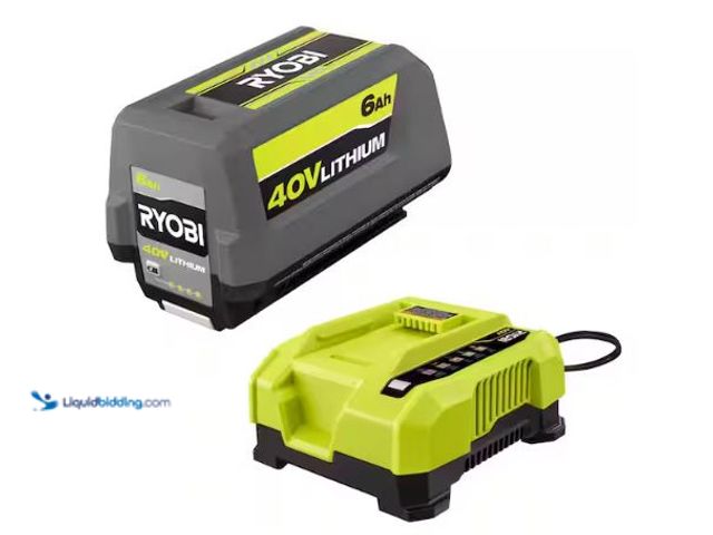 Lot 49-1630679 - RYOBI 40V Lithium-Ion 6.0 Ah Battery and Rapid Charger Starter Kit Model # OP4060506, New, Factory S...