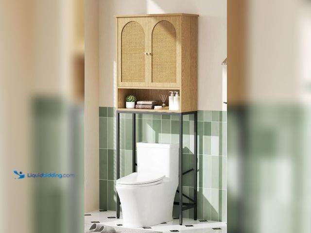 Lot 49-3473648 - Over the Toilet Rattan Wood Cabinet Organizer, Model # DA0054YM01A, Slightly used.  Ref#BULK1126