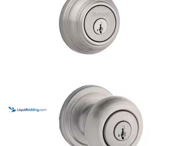 Lot 49-1567828 - Kwikset Juno Satin Nickel Exterior Entry Door Knob and Double Cylinder Deadbolt Combo Pack Featuring...