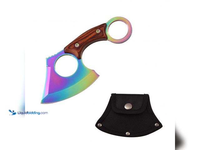 Lot 49-1820712 - Rainbow Titanium Karambit Edge Fixed Blade Cleaver Axe with Wood Handle - NEW - A great tool when yo...
