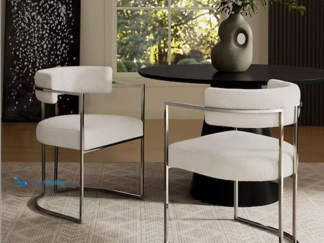 Lot 49-1632077 - MODWAY Huron Modern Barrel Dining Chair with Sled Base in Silver Cream - Upholstered Fabric Accent C...