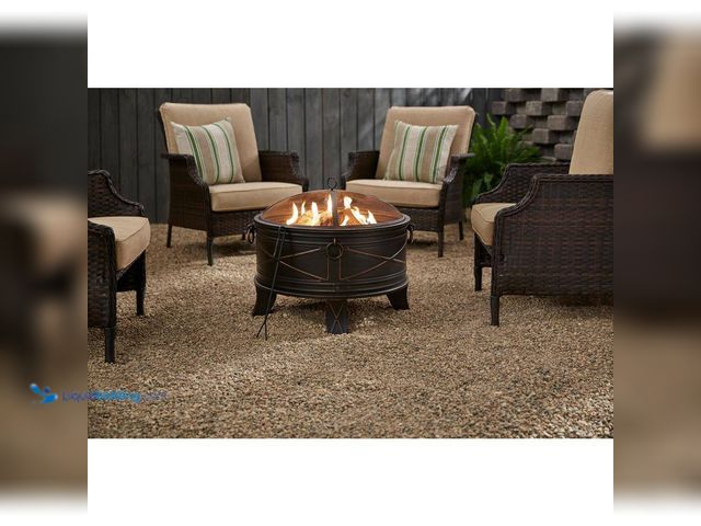 Lot 49-5484494 - Hampton Bay
Quadripod 28.20 in. W Antique Bronze Steel Wood Outdoor Fire Pit with Screen and Poker ...