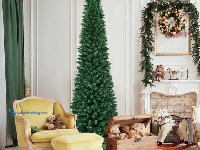 Lot 49-5453649 - Gymax - 9' PVC Artificial Christmas Tree Holiday Decor Slim Pencil Tree Metal Stand - Green. [Model:...