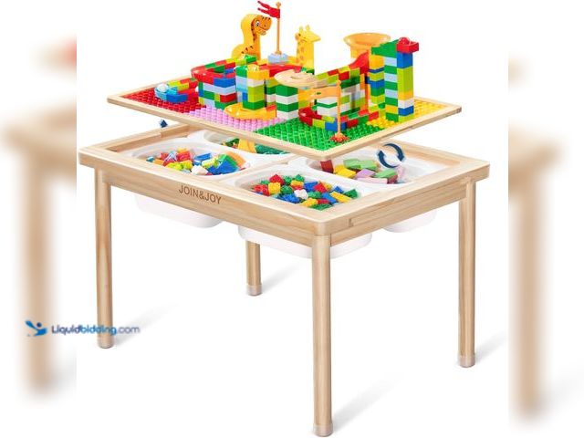 Lot 49-5538901 - 28" Large Wooden Kids Activity Table, Compatible with Lego & Duplo Bricks, 4 Foldable Storage Bins, ...
