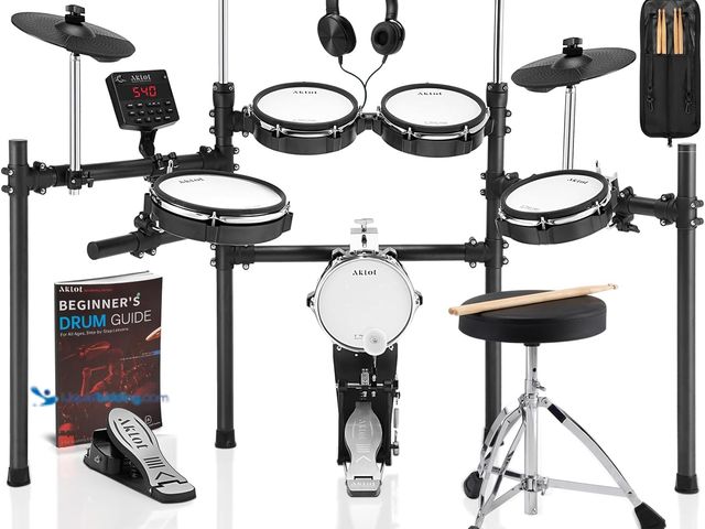 Lot 49-5487769 - AKLOT Electric Drum Set with Kick-Tower: 4 Dual Zone Mesh Pads, 8’’ Tower-Style Kick Drum, 10’’ Snar...