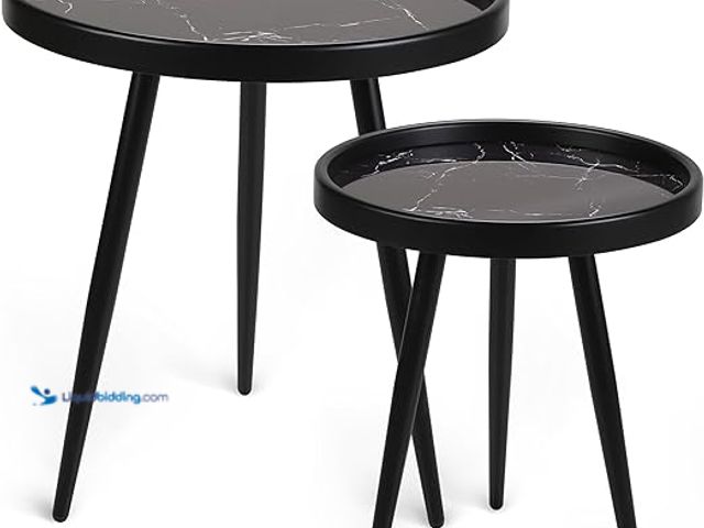 Lot 49-5415003 - Round Side Table Set of 2,Black Marble Pattern Tray Shaped Small End Table,Circle Nightstand for Liv...