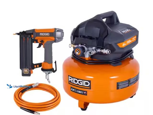 Lot 49-2004510 - RIDGID 6 Gal. 150 PSI Portable Electric Oil-Free Jobsite Pancake Air Compressor with 25 ft. Air Hose...