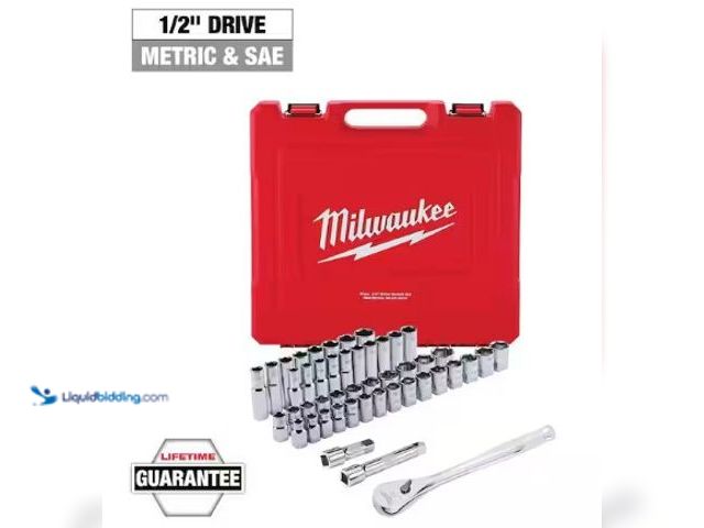 Lot 49-3631322 - Milwaukee 1/2" Drive SAE/Metric Ratchet and Socket Mechanics Tool Set (47-Piece) Model: 48-22-9010, ...