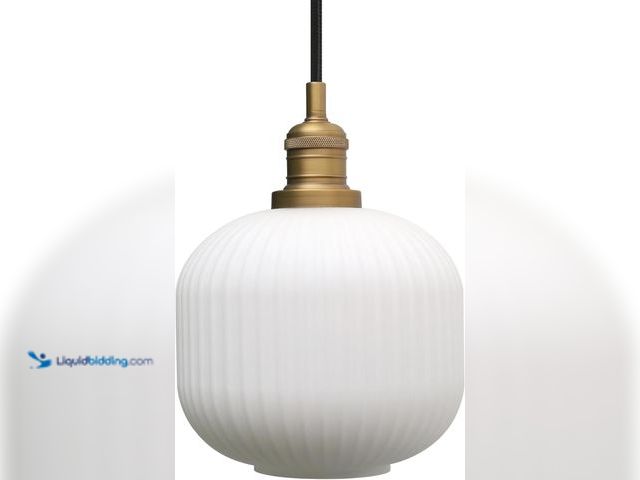 Lot 49-5463238 - Pathson Modern Milk White Pendant Light Striped Round Glass, Brushed Gold Brass Hanging Lamp with Ad...