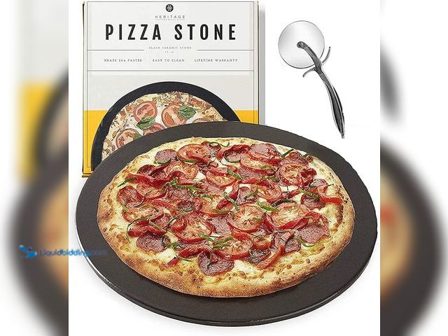 Lot 49-1550204 - (2-Pack) Heritage 15" Ceramic Pizza Stone Set - Non-Stick, Stain-Free with Bonus Cutter - Black, Mod...