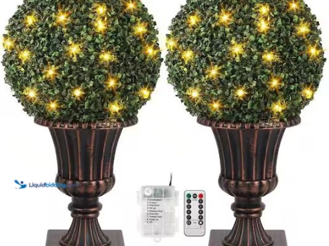Lot 49-1569231 - 2Pack 2.25 ft. Artificial Boxwood Topiary Tree,16 in. Plant Topiary Ball Lights, Front Door Plants w...