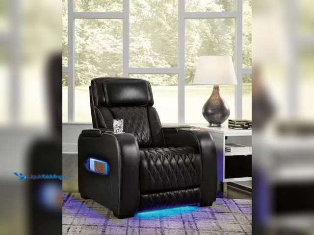 Lot 49-1589386 - Signature DESIGN BY ASHLEY Boyington Black Leather Match Zero Gravity Power Recliner with Storage an...